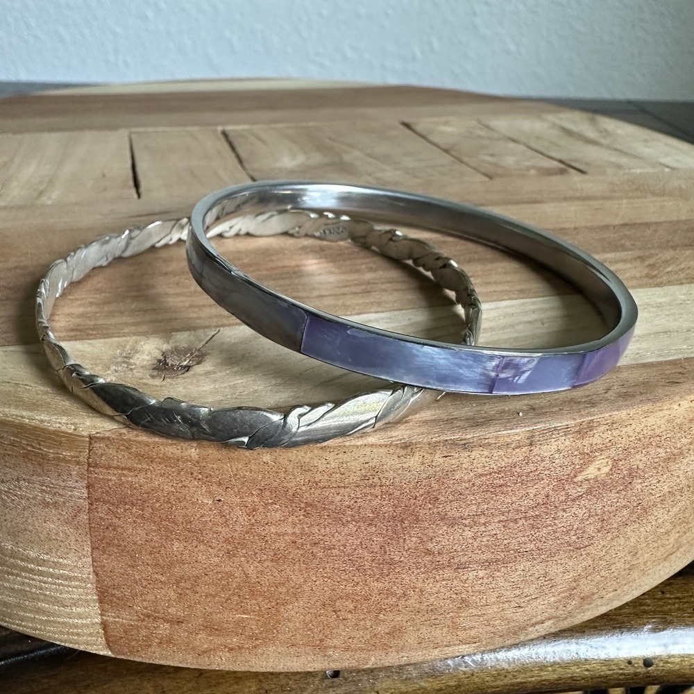Vintage Mexico Bangle Bracelets 8 Inch Twisted Cable Rope Inlay Mother‎ Of Pearl